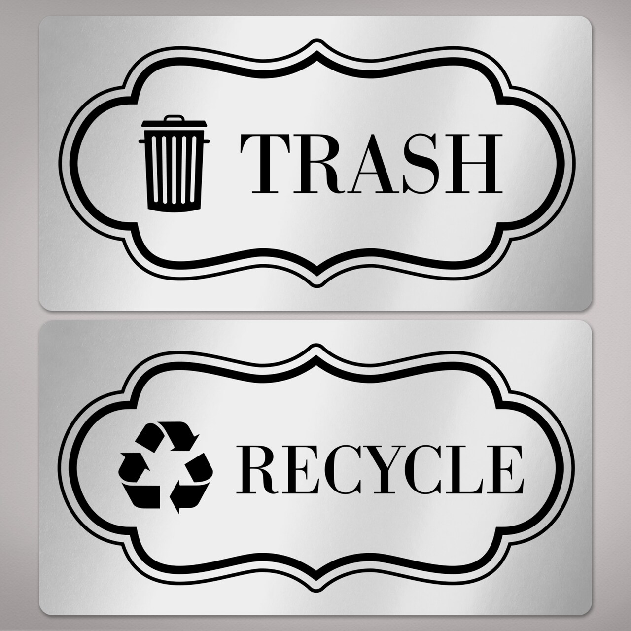 Avery Recycle and Trash Stickers, Metallic Recycle and Trash Signs for Bins, Containers, Trash Cans and Walls, Waterproof, UV Resistant, Preprinted, 2" x 3-3/4", 8 Total